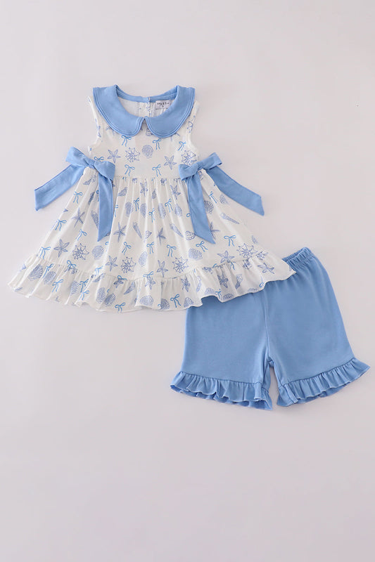 Blue Seashell Bow Ruffle Shorts Set