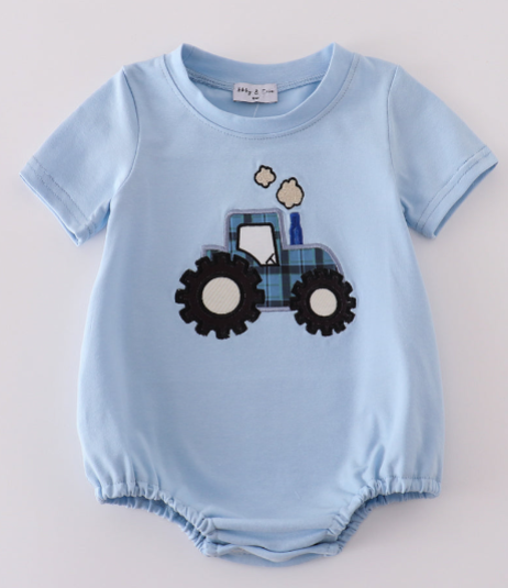 Blue Tractor Applique Bubble