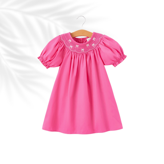 Girls Bow Smocking Embroidery Hot Pink Dress